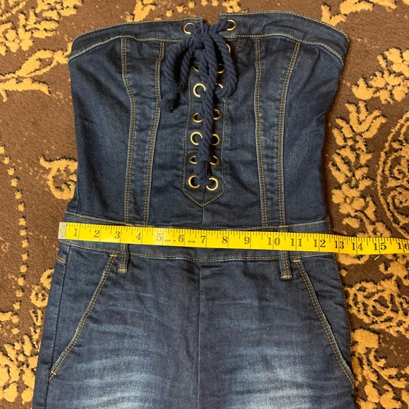 Bebe Lace-up Distressed Denim Strapless Jumpsuit - Picture 5 of 12